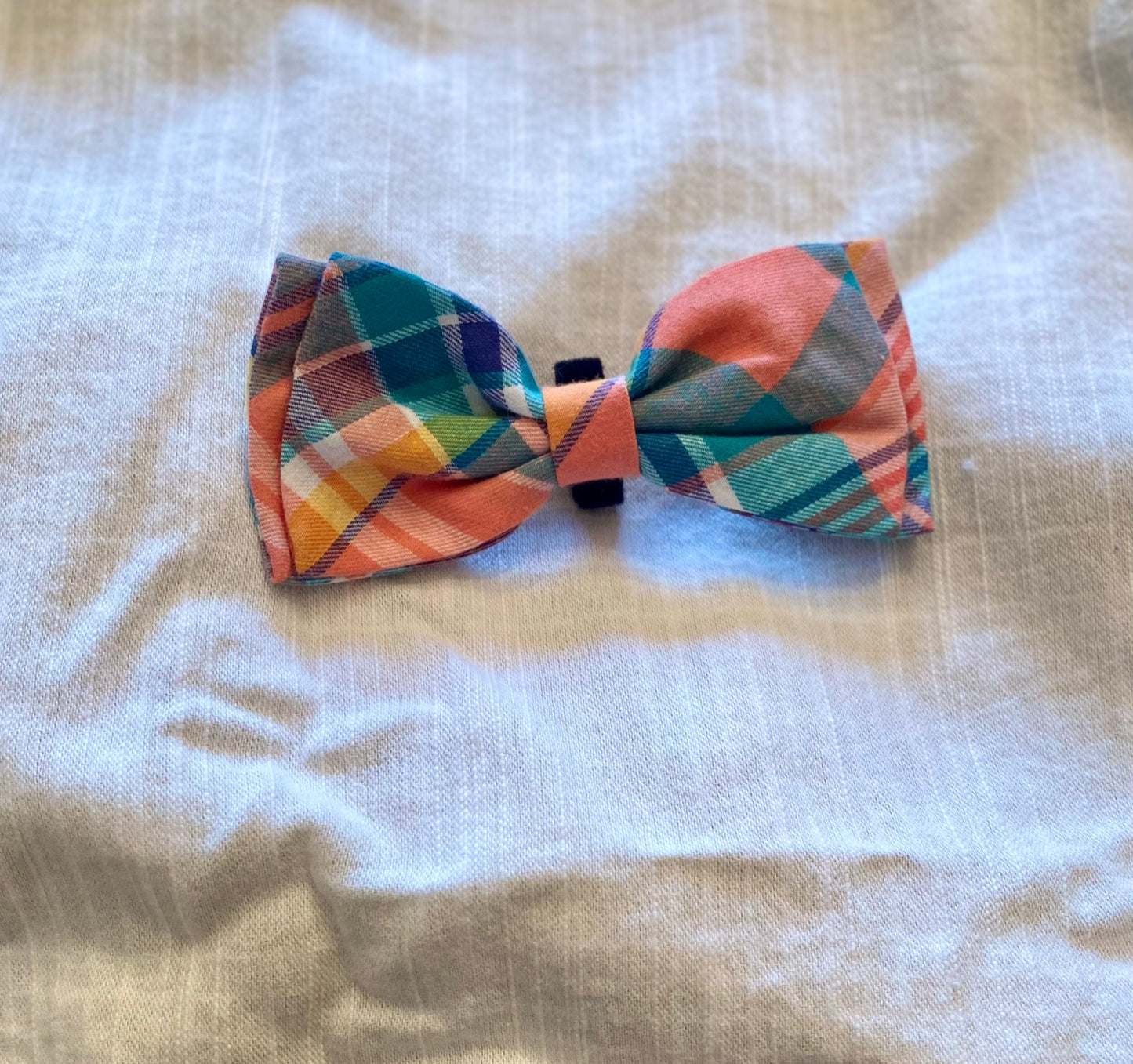 Peach and blue plaid pet bow tie