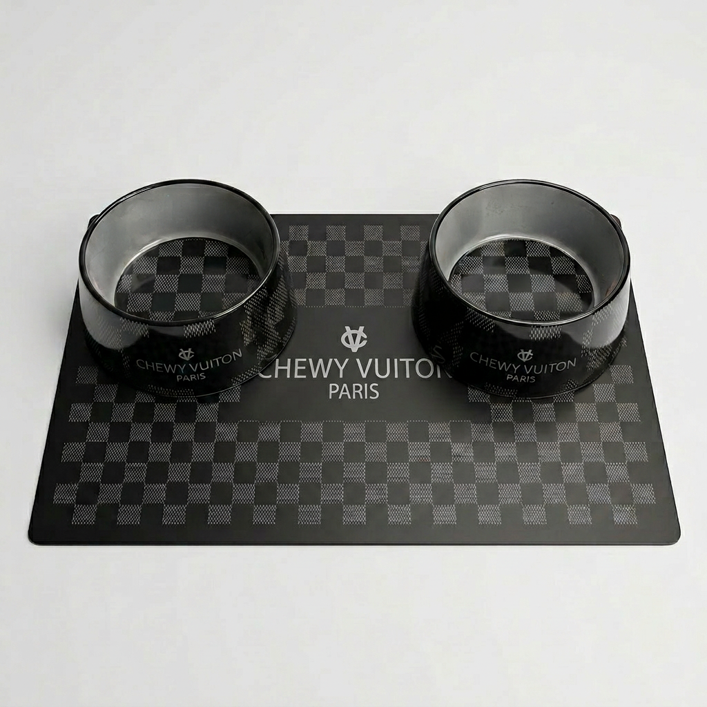 Black Chewy Vuiton Placemat and 2 Dog Bowls