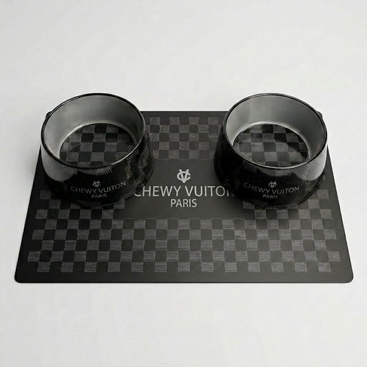 Black Chewy Vuiton Placemat and 2 Dog Bowls