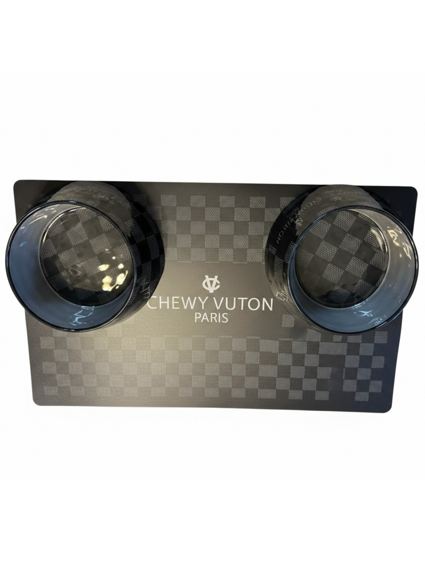 Black Chewy Vuiton Placemat and 2 Dog Bowls