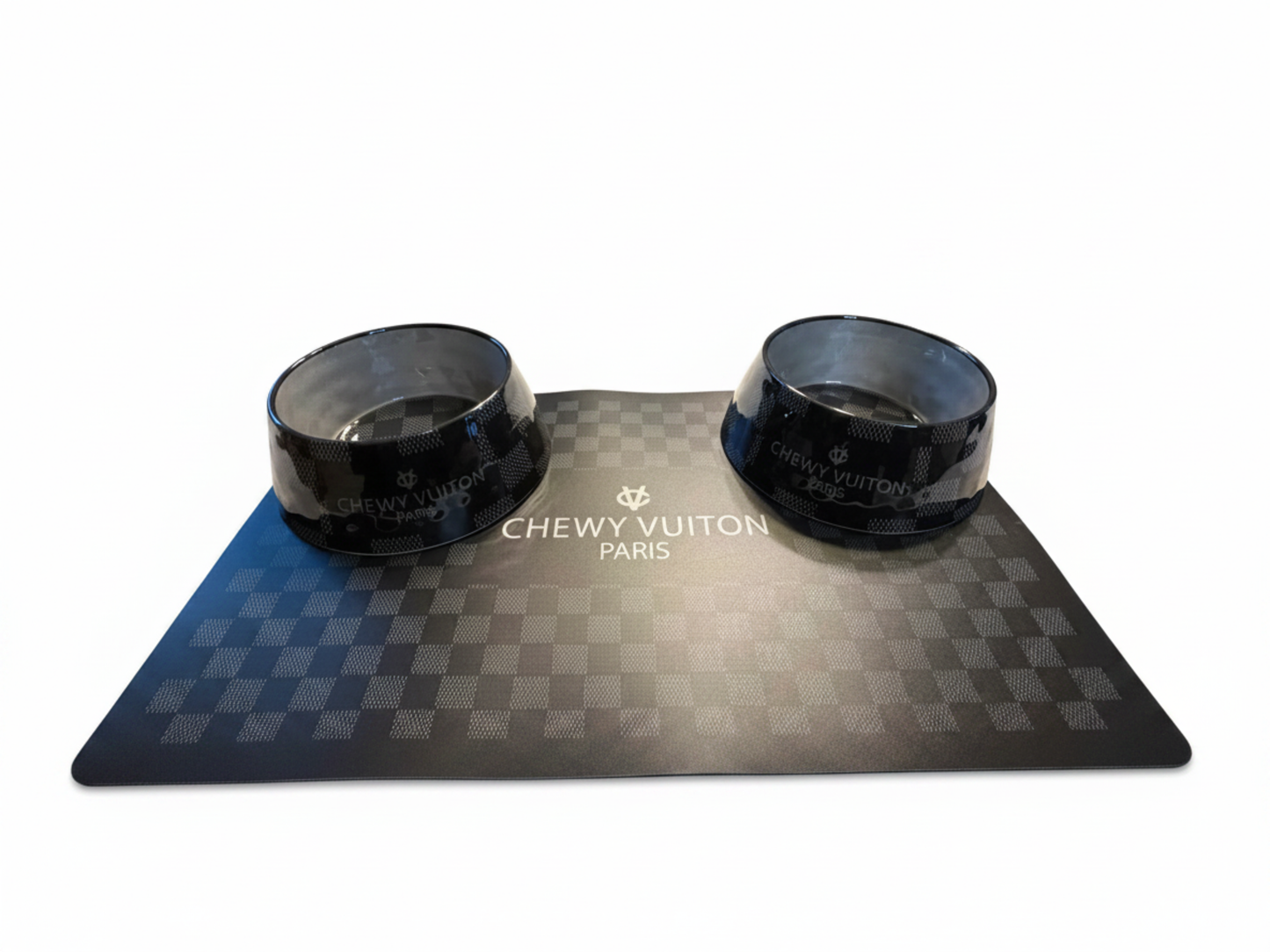 Black Chewy Vuiton Placemat and 2 Dog Bowls