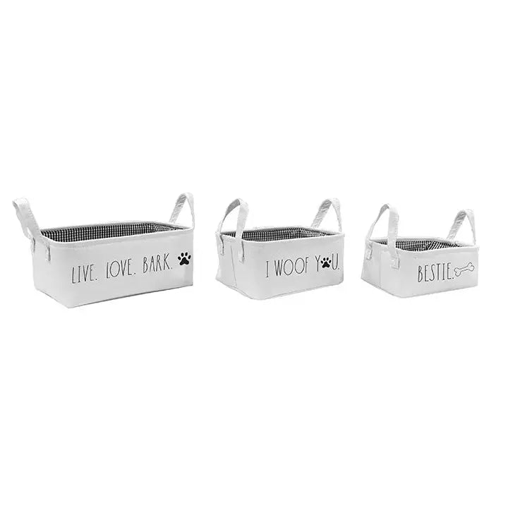 Rae Dunn "Live, Love, Bark" Set of 3 White fabric Cube Bins