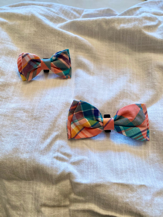 Peach and blue plaid pet bow tie